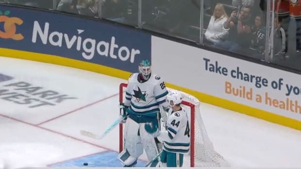 Sharks teammates react after allowing unlucky goal
